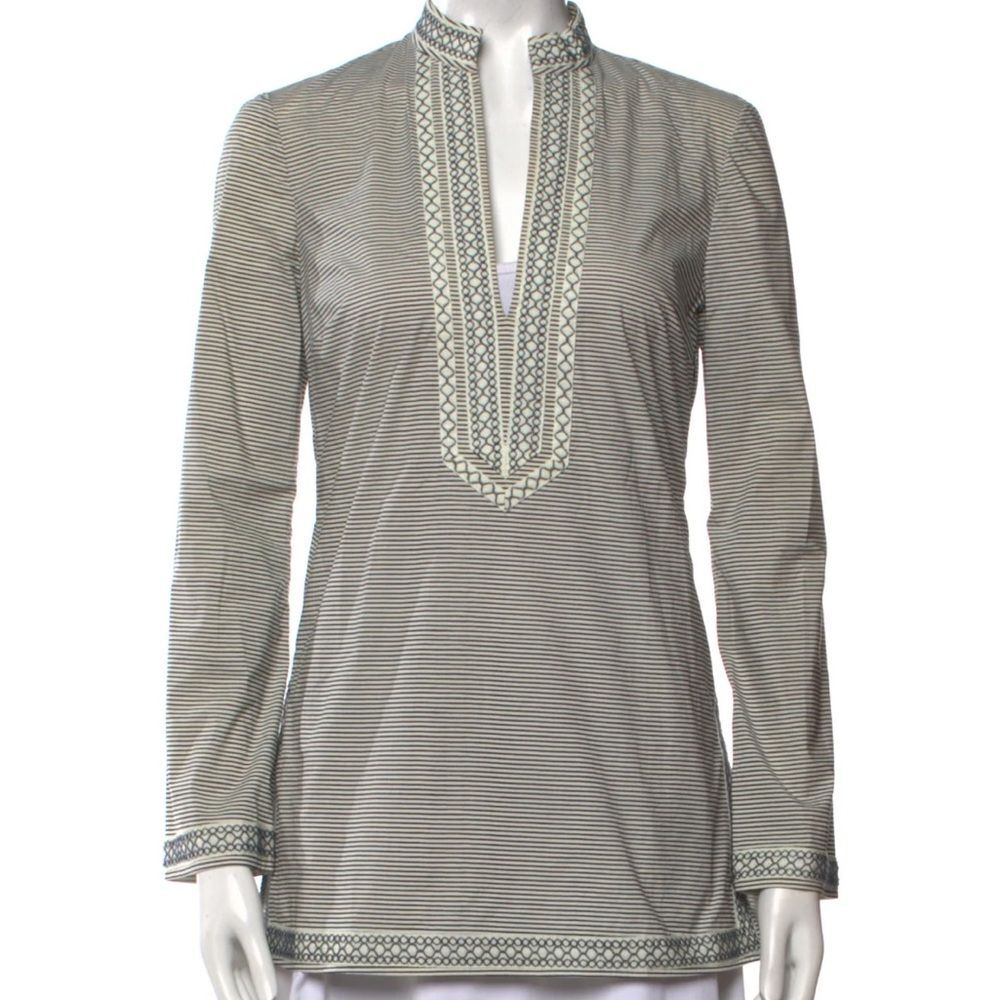 Tory Burch Gray and White Striped Tunic Top
